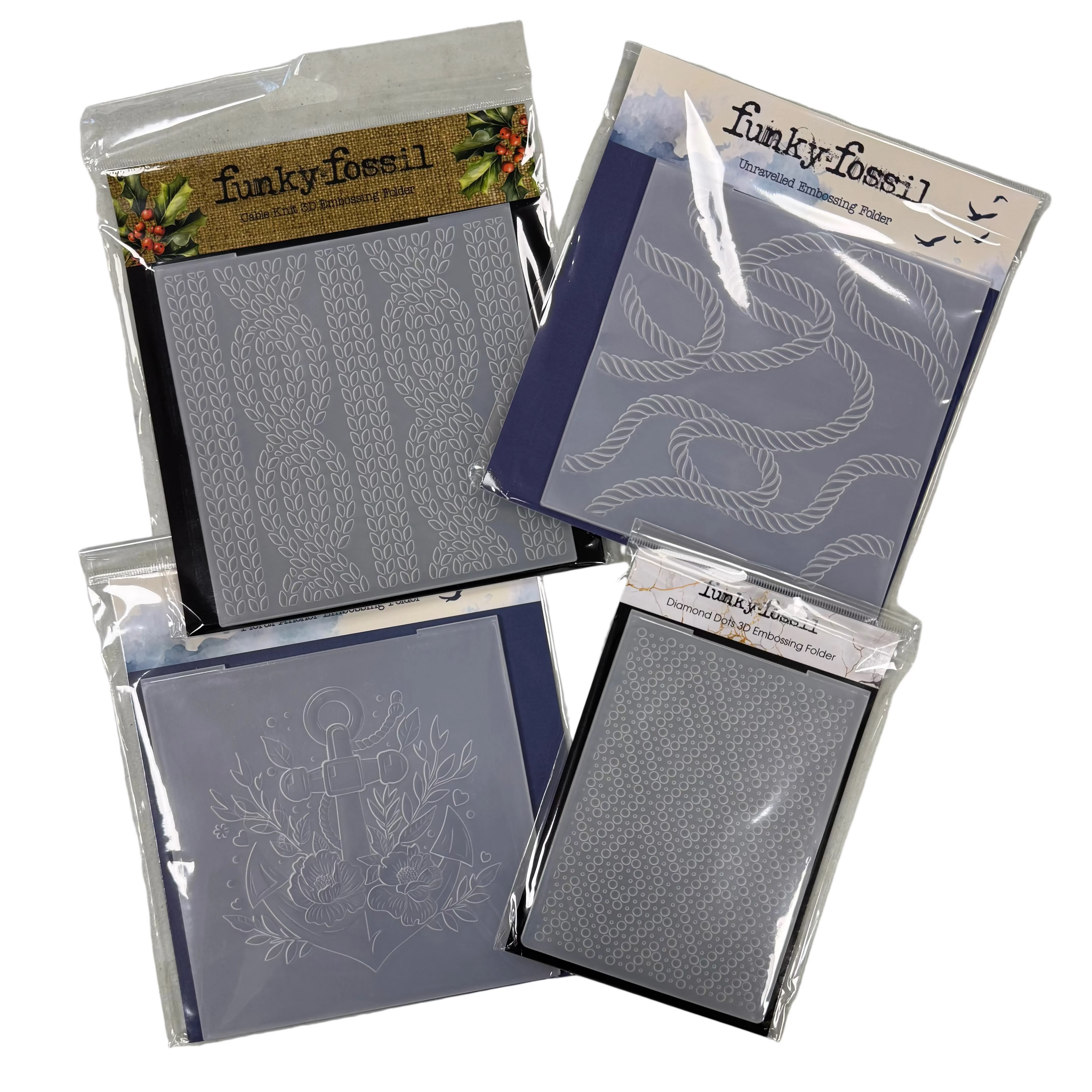 Funky Fossil Set of 4 3D Embossing Folders - Diamond Dots, Unravelled, Floral Anchor & Cable Knit